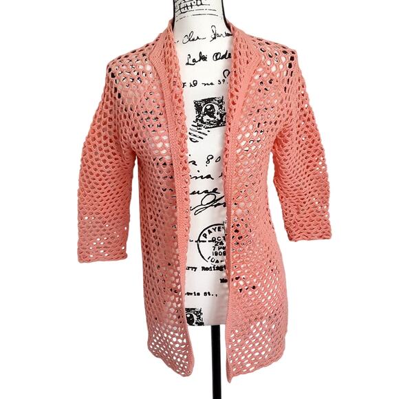 Vintage 1930s Crochet Cardigan Sweater Pink Bed Jacket Caftan Hollow Out Knit - Picture 2 of 9